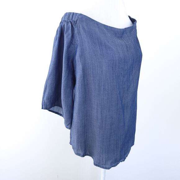 NEW Colleen Lopez Off Shoulder Chambray Shirt Large Women, 3/4 Split Sleeves - Picture 2 of 7